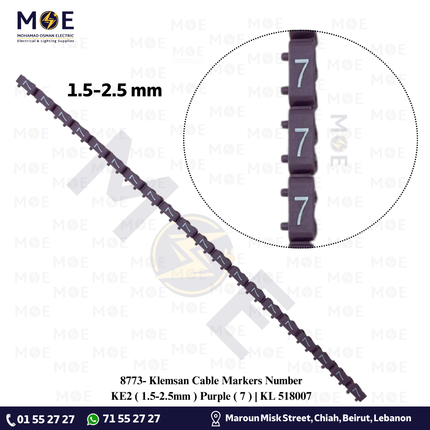 Klemsan Cable Markers Number KE2 ( 1.5-2.5mm ) Purple ( 7 ) | KL 518007 | حلقة ترقيم كابلات موف رقم