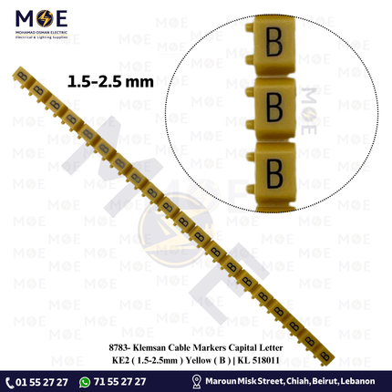 Klemsan Cable Markers Capital Letter KE2 ( 1.5-2.5mm ) Yellow ( B ) | KL 518011 | حلقة ترقيم كابلات اصفر حرف