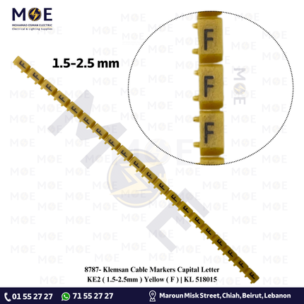 Klemsan Cable Markers Capital Letter KE2 ( 1.5-2.5mm ) Yellow ( F ) | KL 518015 | حلقة ترقيم كابلات اصفر حرف
