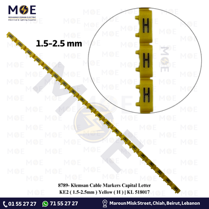 Klemsan Cable Markers Capital Letter KE2 ( 1.5-2.5mm ) Yellow ( H ) | KL 518017 | حلقة ترقيم كابلات اصفر حرف
