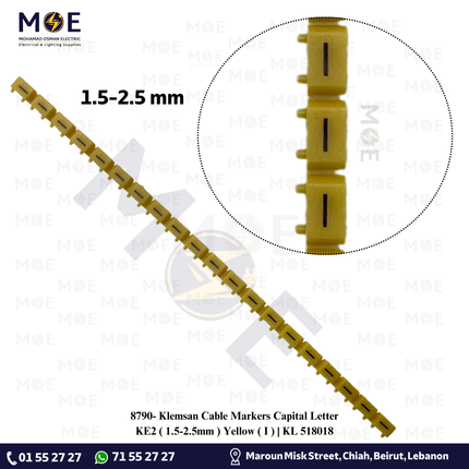 Klemsan Cable Markers Capital Letter KE2 ( 1.5-2.5mm ) Yellow ( I ) | KL 518018 | حلقة ترقيم كابلات اصفر حرف