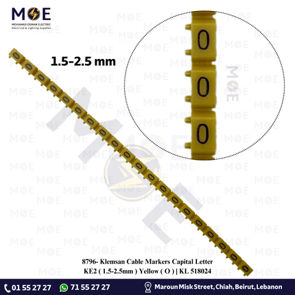 Klemsan Cable Markers Capital Letter KE2 ( 1.5-2.5mm ) Yellow ( O ) | KL 518024 | حلقة ترقيم كابلات اصفر حرف