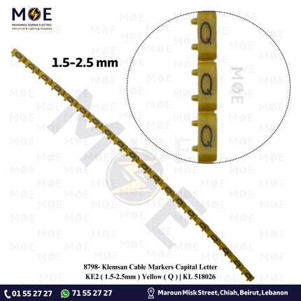 Klemsan Cable Markers Capital Letter KE2 ( 1.5-2.5mm ) Yellow ( Q ) | KL 518026 | حلقة ترقيم كابلات اصفر حرف