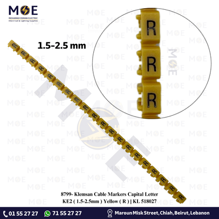 Klemsan Cable Markers Capital Letter KE2 ( 1.5-2.5mm ) Yellow ( R ) | KL 518027 | حلقة ترقيم كابلات اصفر حرف