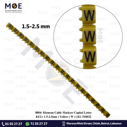 Klemsan Cable Markers Capital Letter KE2 ( 1.5-2.5mm ) Yellow ( W ) | KL 518032 | حلقة ترقيم كابلات اصفر حرف