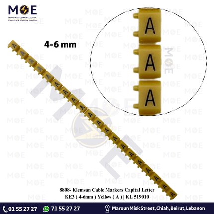 Klemsan Cable Markers Capital Letter KE3 ( 4-6mm ) Yellow ( A ) | KL 519010 | حلقة ترقيم كابلات اصفر حرف
