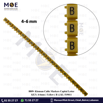 Klemsan Cable Markers Capital Letter KE3 ( 4-6mm ) Yellow ( B ) | KL 519011 | حلقة ترقيم كابلات اصفر حرف