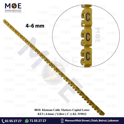 Klemsan Cable Markers Capital Letter KE3 ( 4-6mm ) Yellow ( C ) | KL 519012 | حلقة ترقيم كابلات اصفر حرف