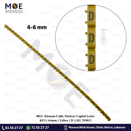 Klemsan Cable Markers Capital Letter KE3 ( 4-6mm ) Yellow ( D ) | KL 519013 | حلقة ترقيم كابلات اصفر حرف