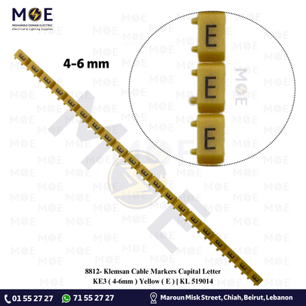 Klemsan Cable Markers Capital Letter KE3 ( 4-6mm ) Yellow ( E ) | KL 519014 | حلقة ترقيم كابلات اصفر حرف