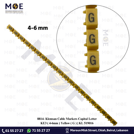 Klemsan Cable Markers Capital Letter KE3 ( 4-6mm ) Yellow ( G ) | KL 519016 | حلقة ترقيم كابلات اصفر حرف