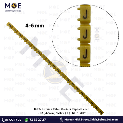 Klemsan Cable Markers Capital Letter KE3 ( 4-6mm ) Yellow ( J ) | KL 519019 | حلقة ترقيم كابلات اصفر حرف