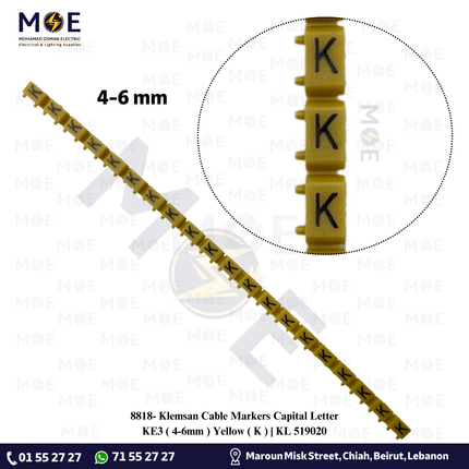 Klemsan Cable Markers Capital Letter KE3 ( 4-6mm ) Yellow ( K ) | KL 519020 | حلقة ترقيم كابلات اصفر حرف