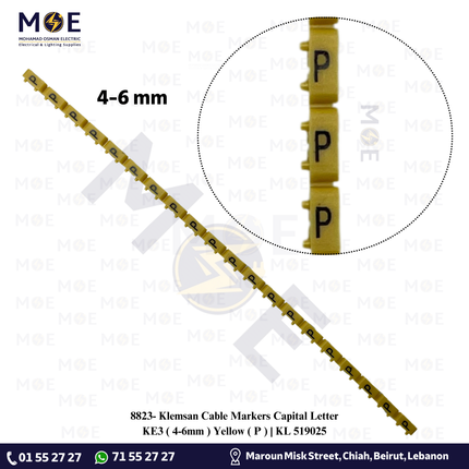 Klemsan Cable Markers Capital Letter KE3 ( 4-6mm ) Yellow ( P ) | KL 519025 | حلقة ترقيم كابلات اصفر حرف