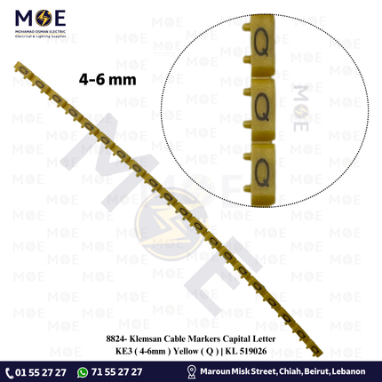 Klemsan Cable Markers Capital Letter KE3 ( 4-6mm ) Yellow ( Q ) | KL 519026 | حلقة ترقيم كابلات اصفر حرف