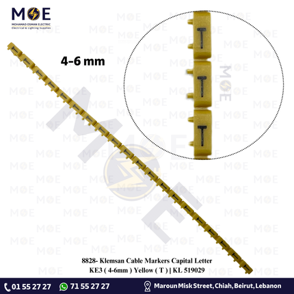 Klemsan Cable Markers Capital Letter KE3 ( 4-6mm ) Yellow ( T ) | KL 519029 | حلقة ترقيم كابلات اصفر حرف