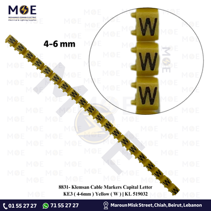 Klemsan Cable Markers Capital Letter KE3 ( 4-6mm ) Yellow ( W ) | KL 519032 | حلقة ترقيم كابلات اصفر حرف
