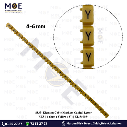 Klemsan Cable Markers Capital Letter KE3 ( 4-6mm ) Yellow ( Y ) | KL 519034 | حلقة ترقيم كابلات اصفر حرف