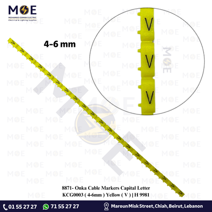 Onka Cable Markers Capital Letter KCG0003 ( 4-6mm ) Yellow ( V ) | H 9981 | حلقة ترقيم كابلات اصفر حرف