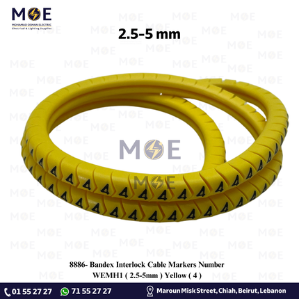 Bandex Interlock Cable Markers Number WEMH1 ( 2.5-5mm ) Yellow ( 4 ) | حلقة ترقيم كابلات كوتشوك تلبيس اصفر رقم
