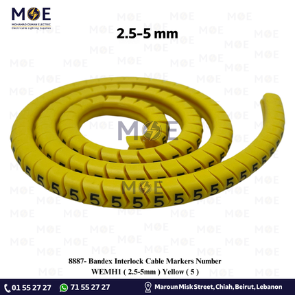 Bandex Interlock Cable Markers Number WEMH1 ( 2.5-5mm ) Yellow ( 5 ) | حلقة ترقيم كابلات كوتشوك تلبيس اصفر رقم