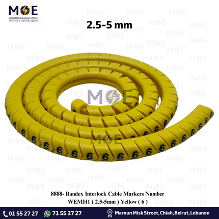 Bandex Interlock Cable Markers Number WEMH1 ( 2.5-5mm ) Yellow ( 6 ) | حلقة ترقيم كابلات كوتشوك تلبيس اصفر رقم