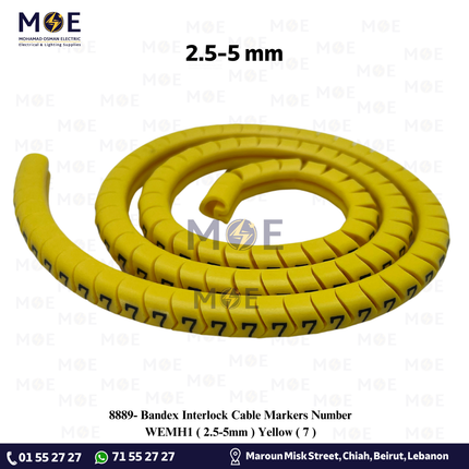 Bandex Interlock Cable Markers Number WEMH1 ( 2.5-5mm ) Yellow ( 7 ) | حلقة ترقيم كابلات كوتشوك تلبيس اصفر رقم