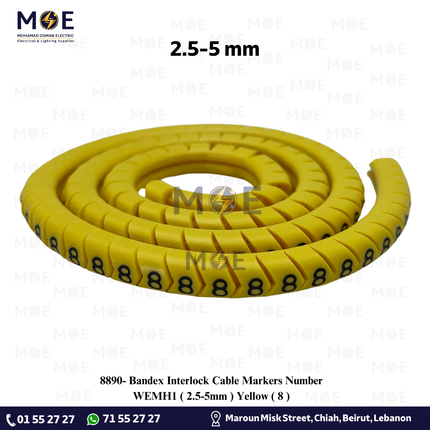 Bandex Interlock Cable Markers Number WEMH1 ( 2.5-5mm ) Yellow ( 8 ) | حلقة ترقيم كابلات كوتشوك تلبيس اصفر رقم