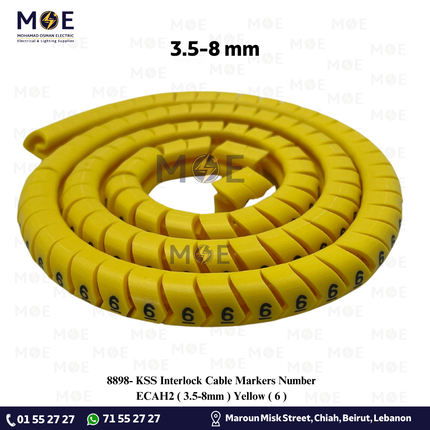 KSS Interlock Cable Markers Number ECAH2 ( 3.5-8mm ) Yellow ( 6 ) | حلقة ترقيم كابلات كوتشوك تلبيس اصفر رقم