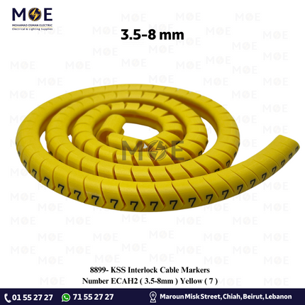 KSS Interlock Cable Markers Number ECAH2 ( 3.5-8mm ) Yellow ( 7 ) | حلقة ترقيم كابلات كوتشوك تلبيس اصفر رقم