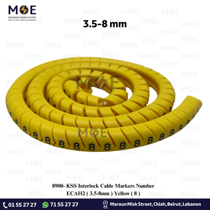 KSS Interlock Cable Markers Number ECAH2 ( 3.5-8mm ) Yellow ( 8 ) | حلقة ترقيم كابلات كوتشوك تلبيس اصفر رقم