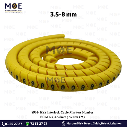 KSS Interlock Cable Markers Number ECAH2 ( 3.5-8mm ) Yellow ( 9 ) | حلقة ترقيم كابلات كوتشوك تلبيس اصفر رقم