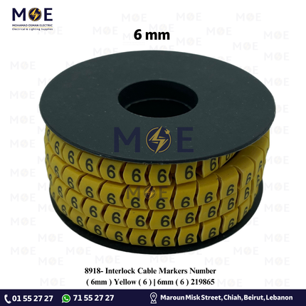 Interlock Cable Markers Number ( 6mm ) Yellow ( 6 ) | 6mm ( 6 ) 219865 | حلقة ترقيم كابلات كوتشوك تلبيس اصفر رقم