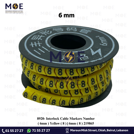 Interlock Cable Markers Number ( 6mm ) Yellow ( 8 ) | 6mm ( 8 ) 219865 | حلقة ترقيم كابلات كوتشوك تلبيس اصفر رقم