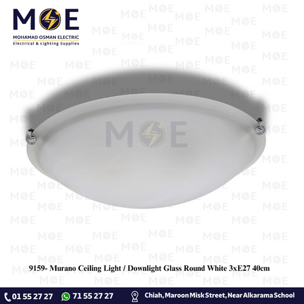 Murano Ceiling Light / Downlight Glass Round White 3xE27 40cm | غلوب سقف/ بلافونيه زجاج مورانو مدور ابيض ملاقط حديد
