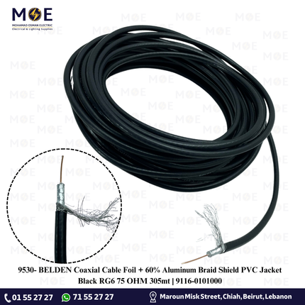 BELDEN Coaxial Cable Foil + 60% Aluminum Braid Shield PVC Jacket Black RG6 75 OHM 305mt | 9116-0101000 | كابل كوكسيال اسود