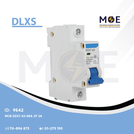 DLXS MCB DZ47-63 6kA 1P 2A | DZ47-63 | دجنتور كهرباء مفرد - قاطع كهربائي