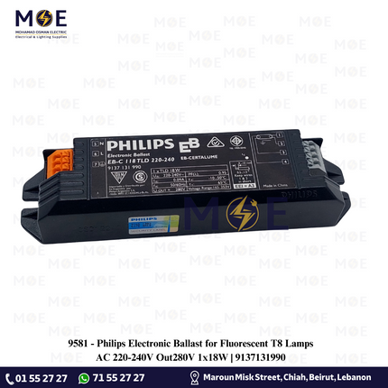 Philips Electronic Ballast for Fluorescent T8 Lamps AC 220-240V Out280V 1x18W | 9137131990 | ترانس الكترون