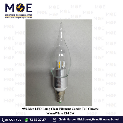 Mec LED Lamp Clear Filament Candle Tail Chrome WarmWhite E14 5W | لمبة ليد برم سن رفيع فيلامنت شمعة دنب شفاف كروم ورم وايت