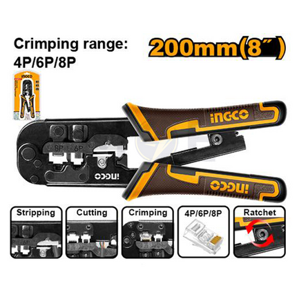INGCO Modular Plug Crimping Tool 8inch 4P,6P,8P RJ9 / RJ11 / RJ45 | HMPCN2468R