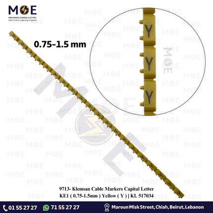 Klemsan Cable Markers Capital Letter KE1 ( 0.75-1.5mm ) Yellow ( Y ) | KL 517034 | حلقة ترقيم كابلات اصفر حرف