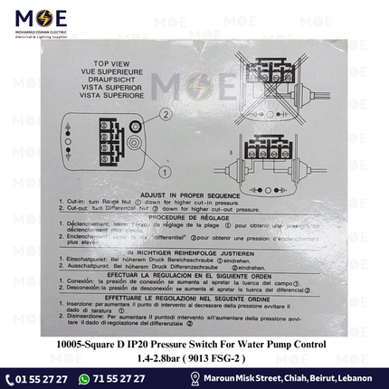 Square D IP20 Pressure Switch For Water Pump Control 1.4-2.8bar | 9013 FSG-2 | اوتوماتيك/فواشة طابة ل طرمبة ضغط