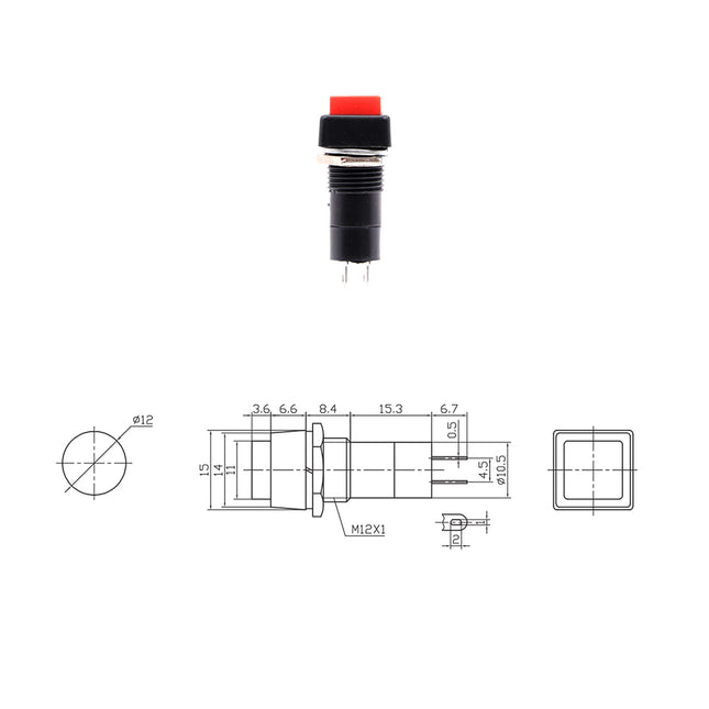 Latching Square Push Button Switch Red ON-OFF SPST 2Pin 3A 250VAC Ø11.5mm | PBS-12A K3080A - SLF6091A كباس مربع احمر