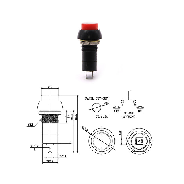 Latching Round Push Button Switch Red ON-OFF SPST 2Pin 3A 250VAC Ø11.5mm | PBS-11A K3081A - SLF6090A كباس مدور احمر