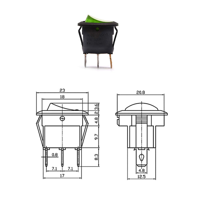 Rocker Switch Round Red Lamp ON-OFF SPDT 3-Pin 6-10A 125-250VAC Ø17mm IRS-101-8C/D | KCD2 مفتاح مدور احمر
