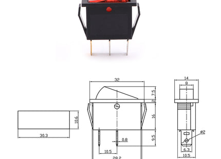 Rocker Switch Rectangular Red Lamp ON-OFF SPST 3-Pin 15-20A 125-250VAC 29.2x25.5x13.4mm IRS-101-3/SLF6069C | KCD3 مفتاح دفاية مفرد احمر