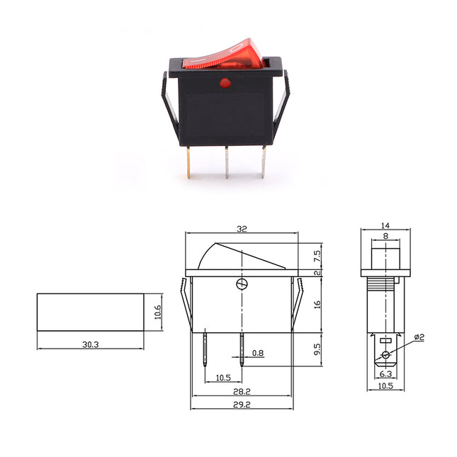Rocker Switch Rectangular Red Lamp ON-OFF SPST 3-Pin 15-20A 125-250VAC 29.2x25.5x13.4mm IRS-101-3/SLF6069C | KCD3 مفتاح دفاية مفرد احمر