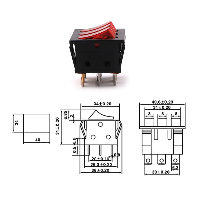 3-Gang Rocker Switch Square Red Lamp ON-OFF SPDT 9-Pin 15-20A 125-250VAC 34.5x26.3x21.8mm KCD2-302/N SLF6088 | KCD3 مفتاح دفاية مثلث احمر