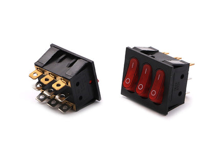 3-Gang Rocker Switch Square Red Lamp ON-OFF SPDT 9-Pin 15-20A 125-250VAC 34.5x26.3x21.8mm KCD2-302/N SLF6088 | KCD3 مفتاح دفاية مثلث احمر