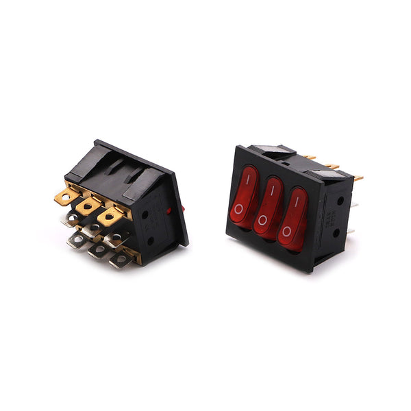 3-Gang Rocker Switch Square Red Lamp ON-OFF SPDT 9-Pin 15-20A 125-250VAC 34.5x26.3x21.8mm KCD2-302/N SLF6088 | KCD3 مفتاح دفاية مثلث احمر